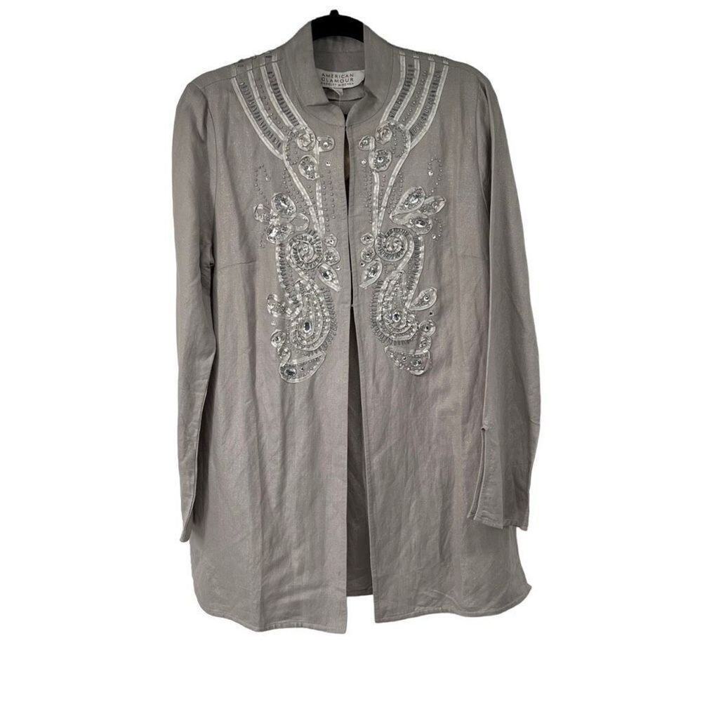 American Glamour Badgley Mischka Light Gray Embellished Linen Cotton Jacket
